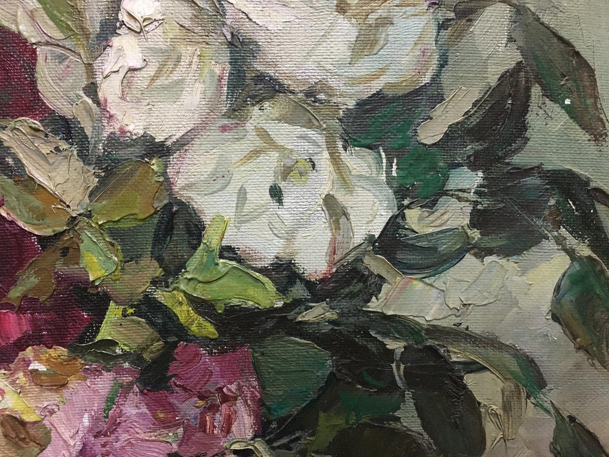 Textured oil painting of white pink peonies by Petr Kuzmich Stolyarenko