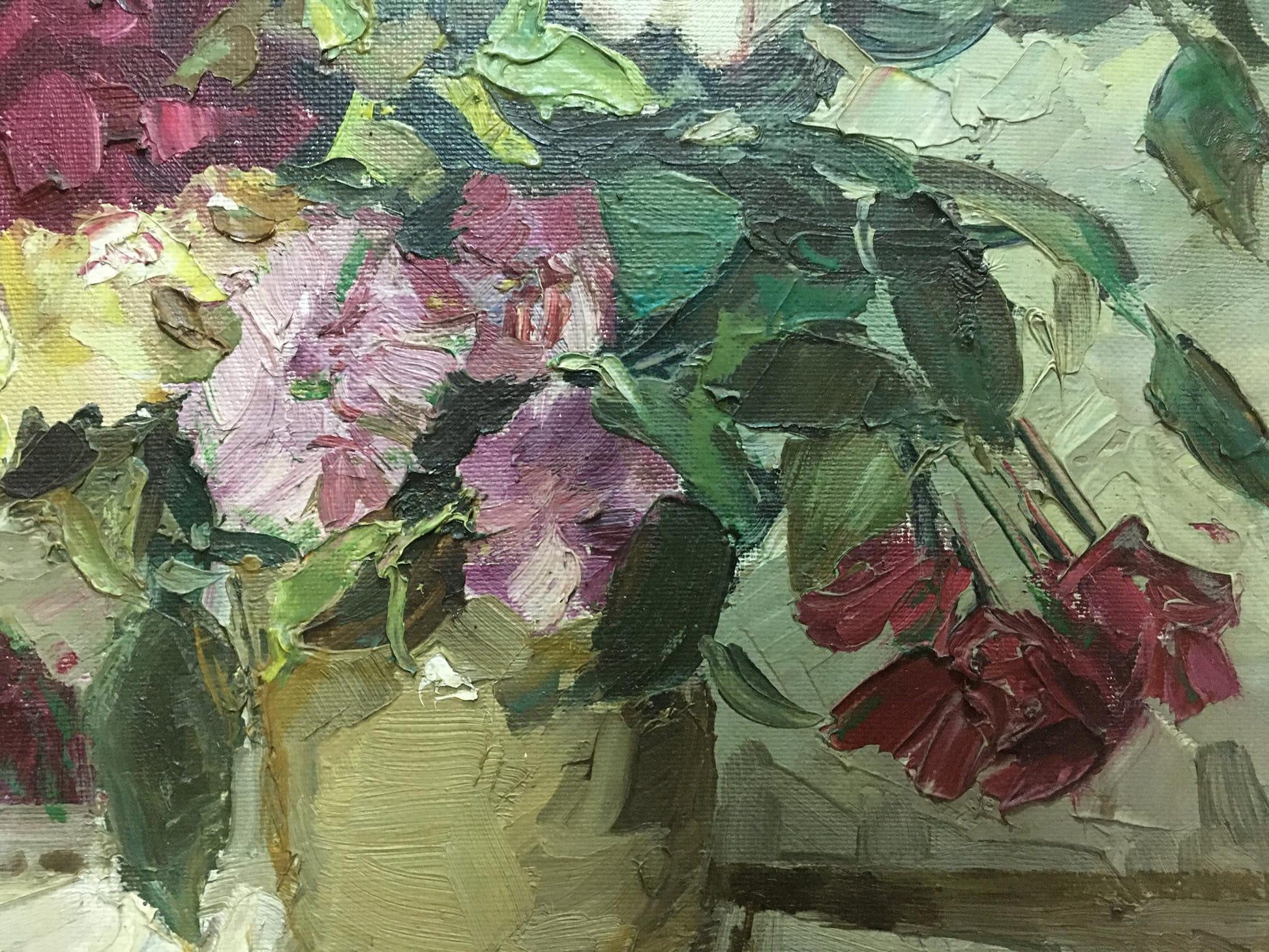 Oil painting by Petr Kuzmich Stolyarenko: vibrant bouquet in green vase