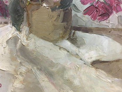 Textured earth-toned Petr Kuzmich Stolyarenko oil painting vase with pink flowers