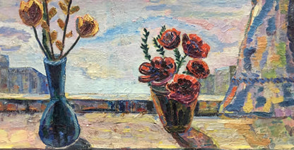 Oil painting On the Window: dark blue vase with golden-yellow tulips