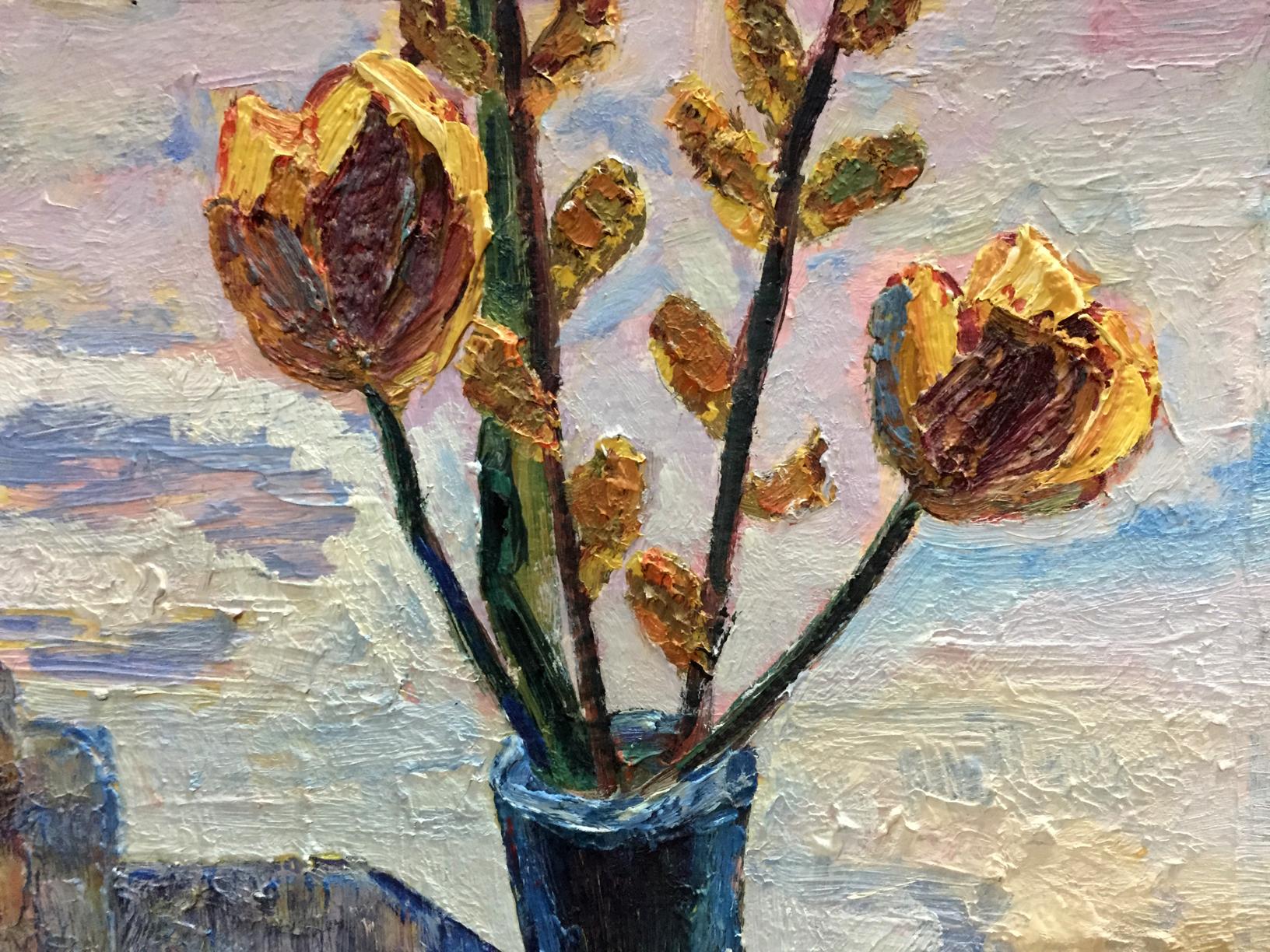 Oil painting on the window: two yellow tulips in blue vase