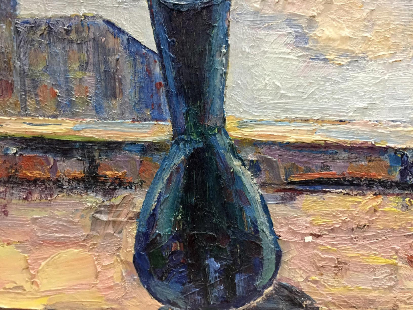 Dark teal ceramic vase with slender neck, rounded base in impasto oil painting on window