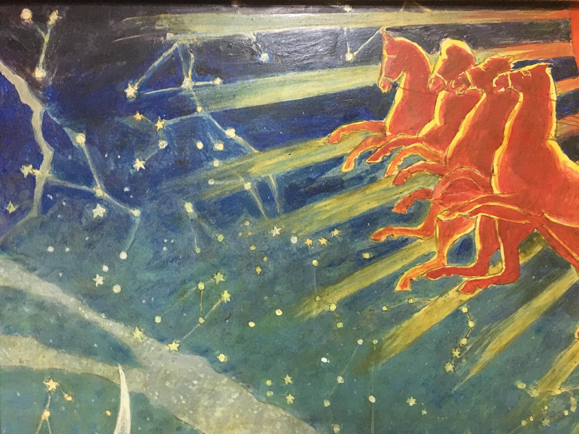 Vibrant orange horses by Strelnikov gallop in cosmic abstract oil painting