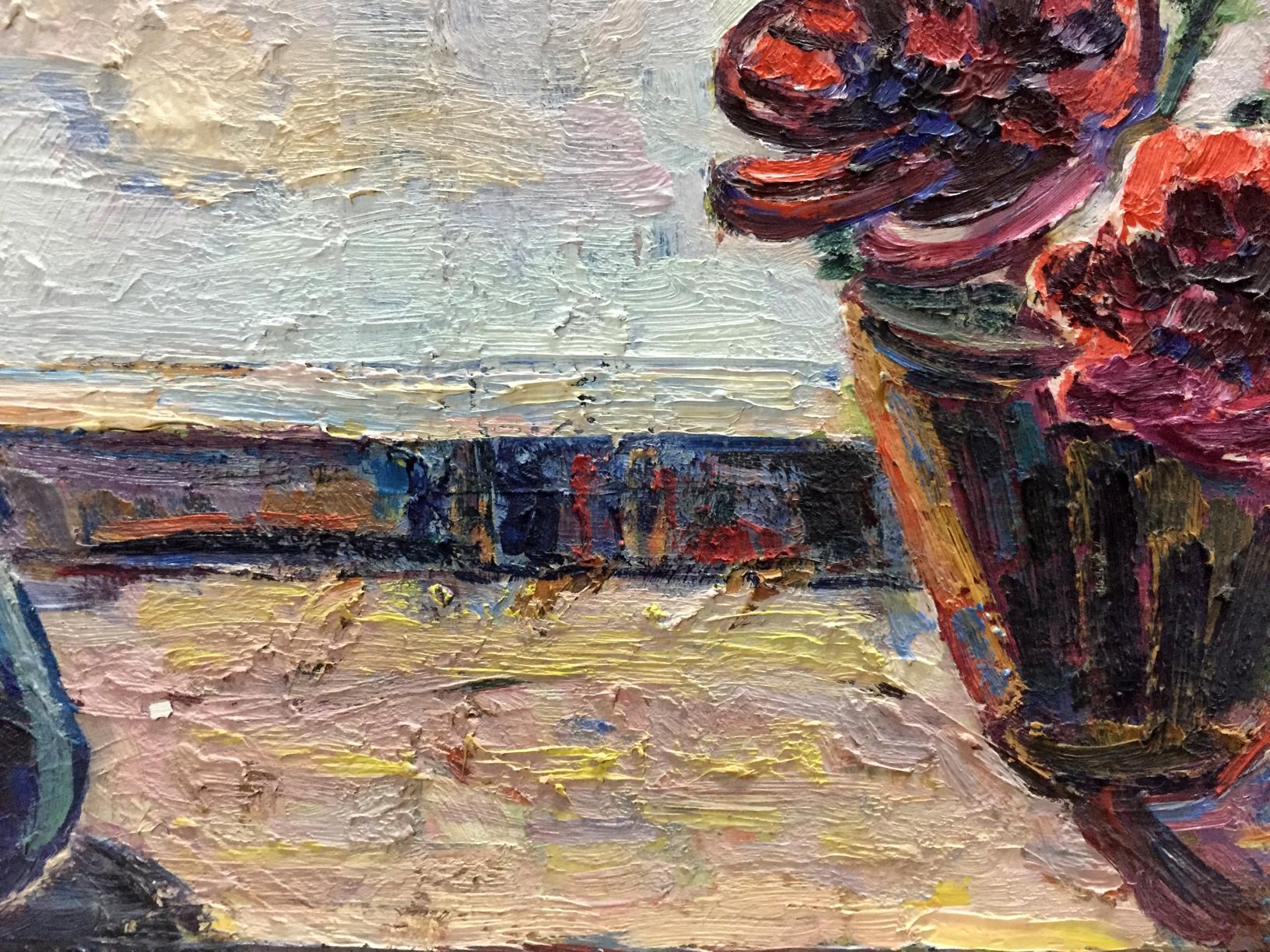 Oil painting On the Window: dark vase with red purple flowers on landscape