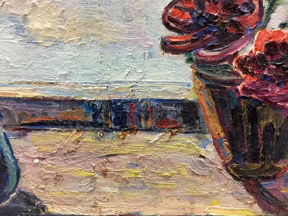 Oil painting On the Window: dark vase with red purple flowers on landscape