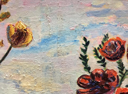 Oil painting On the Window: vibrant red yellow flowers textured sky