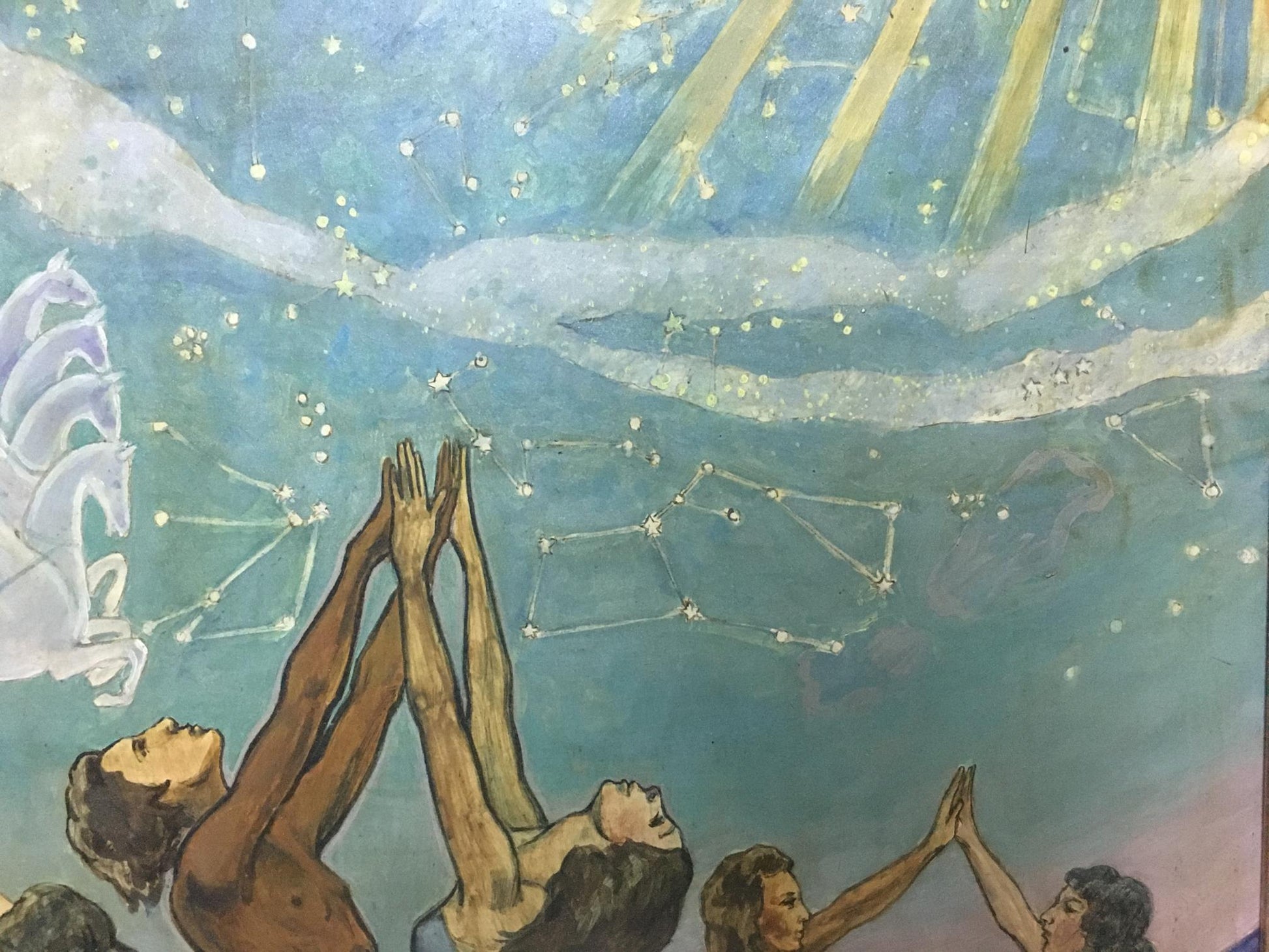 Abstract oil painting by Strelnikov Vladimir Vladimirovich of two figures reaching to starry sky