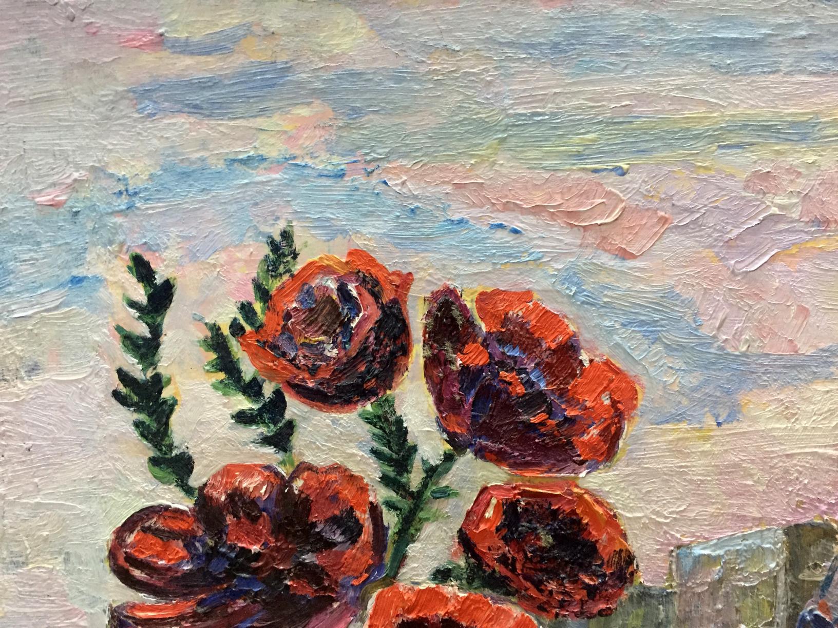 Vibrant orange poppies with dark centers in impasto oil painting on the window