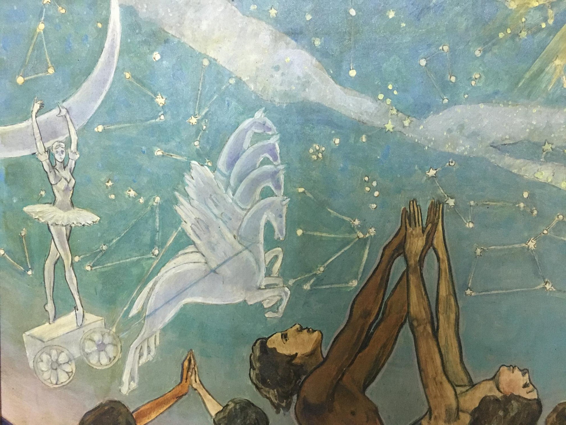 Abstract oil painting by Strelnikov Vladimir Vladimirovich: celestial mural with ballet dancer, winged horses, constellations on teal sky