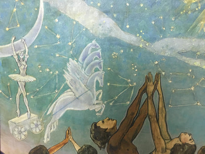 Abstract oil painting by Strelnikov Vladimir Vladimirovich: celestial mural with ballet dancer, winged horses, constellations on teal sky
