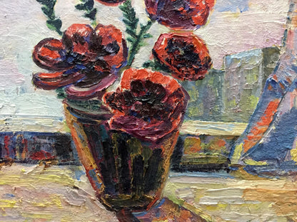 Textured oil painting of red poppies in vase on the window