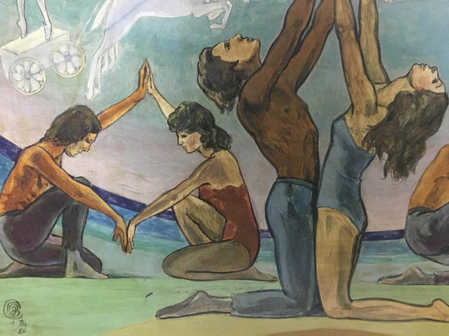Vibrant abstract oil painting by Strelnikov Vladimir Vladimirovich, yoga figures in folk style