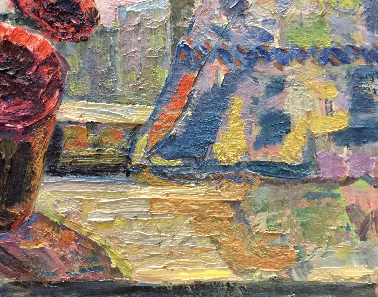Vibrant oil painting on the window with bold textured brushstrokes in reds, blues, yellows, purples