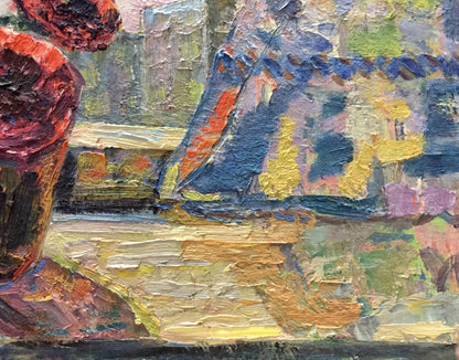 Vibrant oil painting on the window with bold textured brushstrokes in reds, blues, yellows, purples