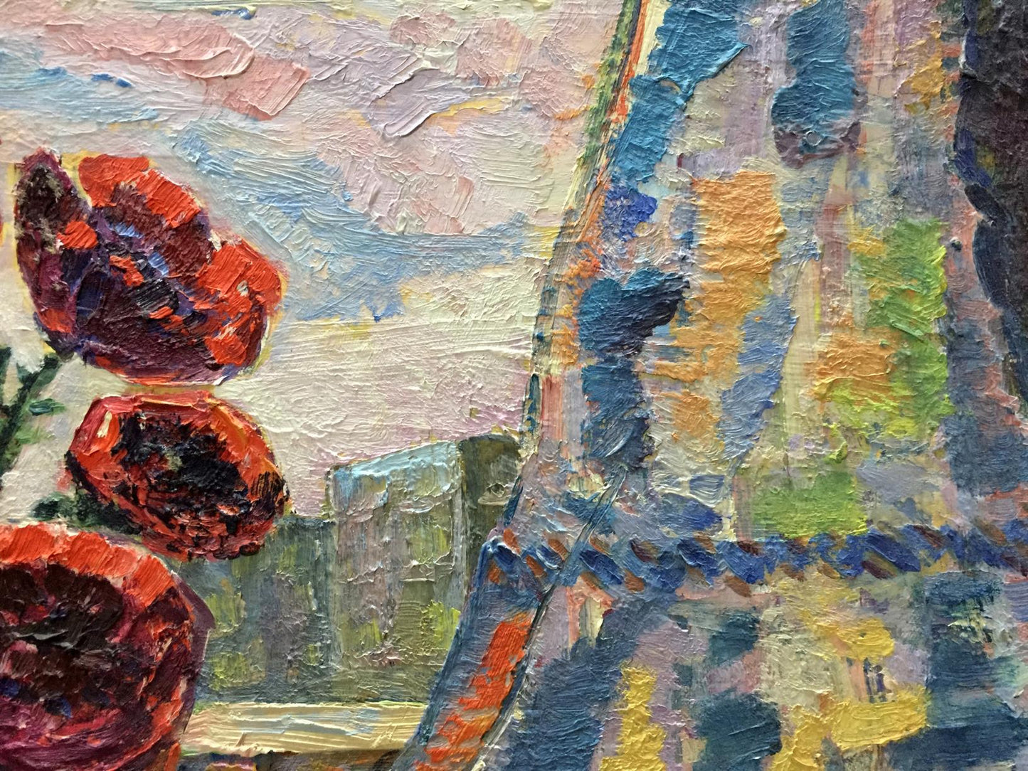 Vibrant red poppies in impasto oil painting on the window, pastel sky