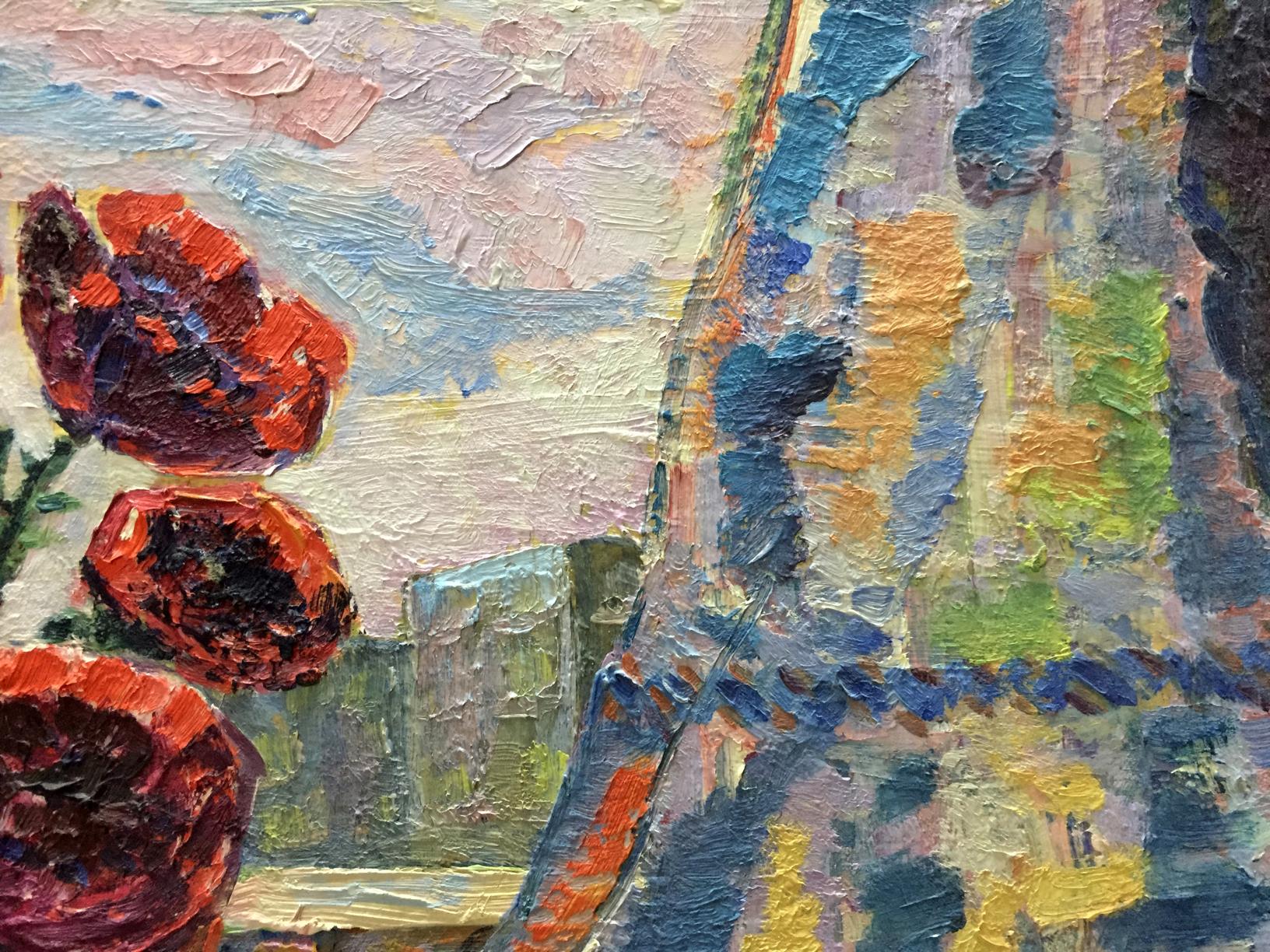 Vibrant red poppies in impasto oil painting on the window, pastel sky