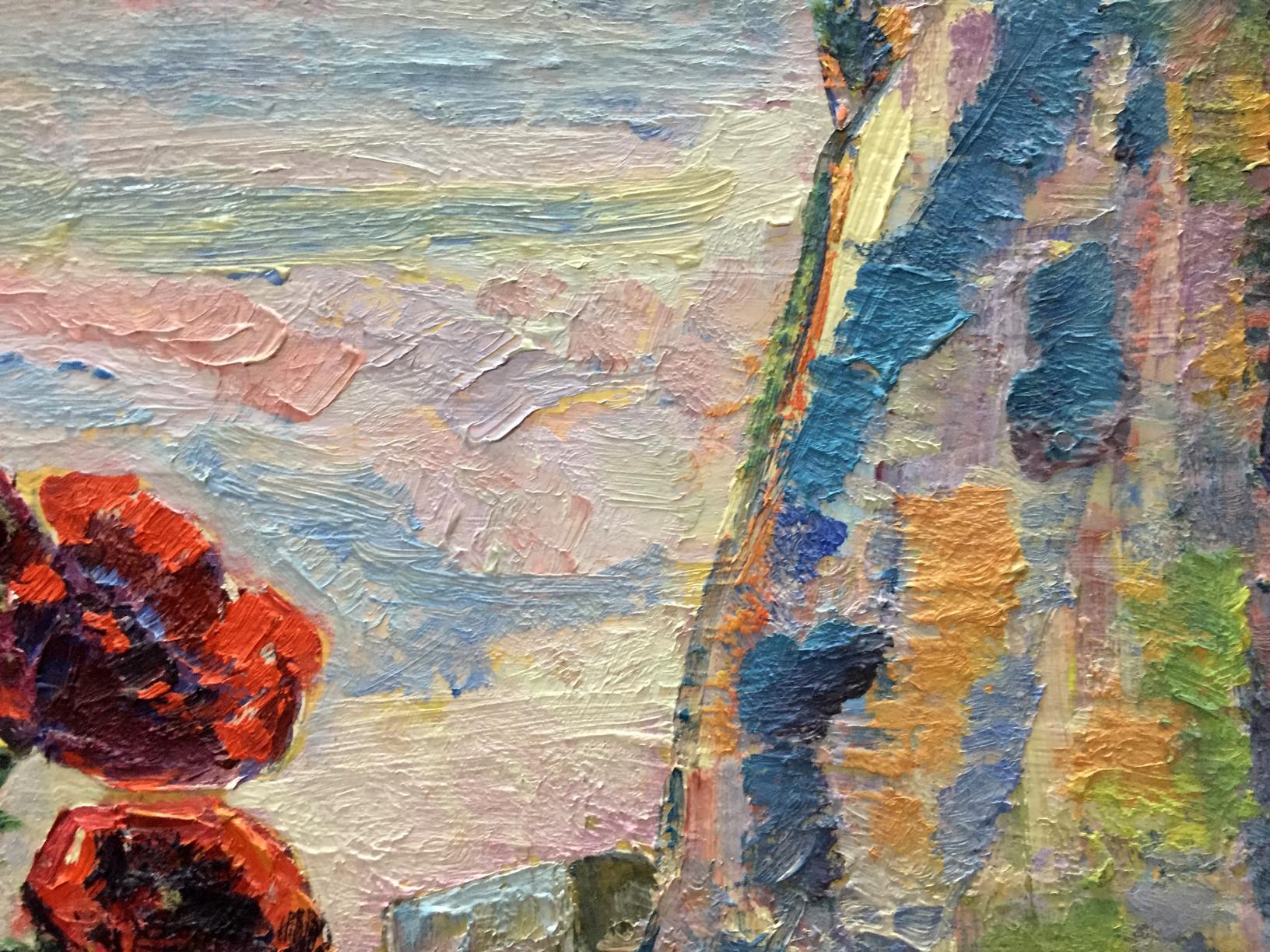 Vibrant red poppies in textured oil painting on the window, pastel pinks and blues