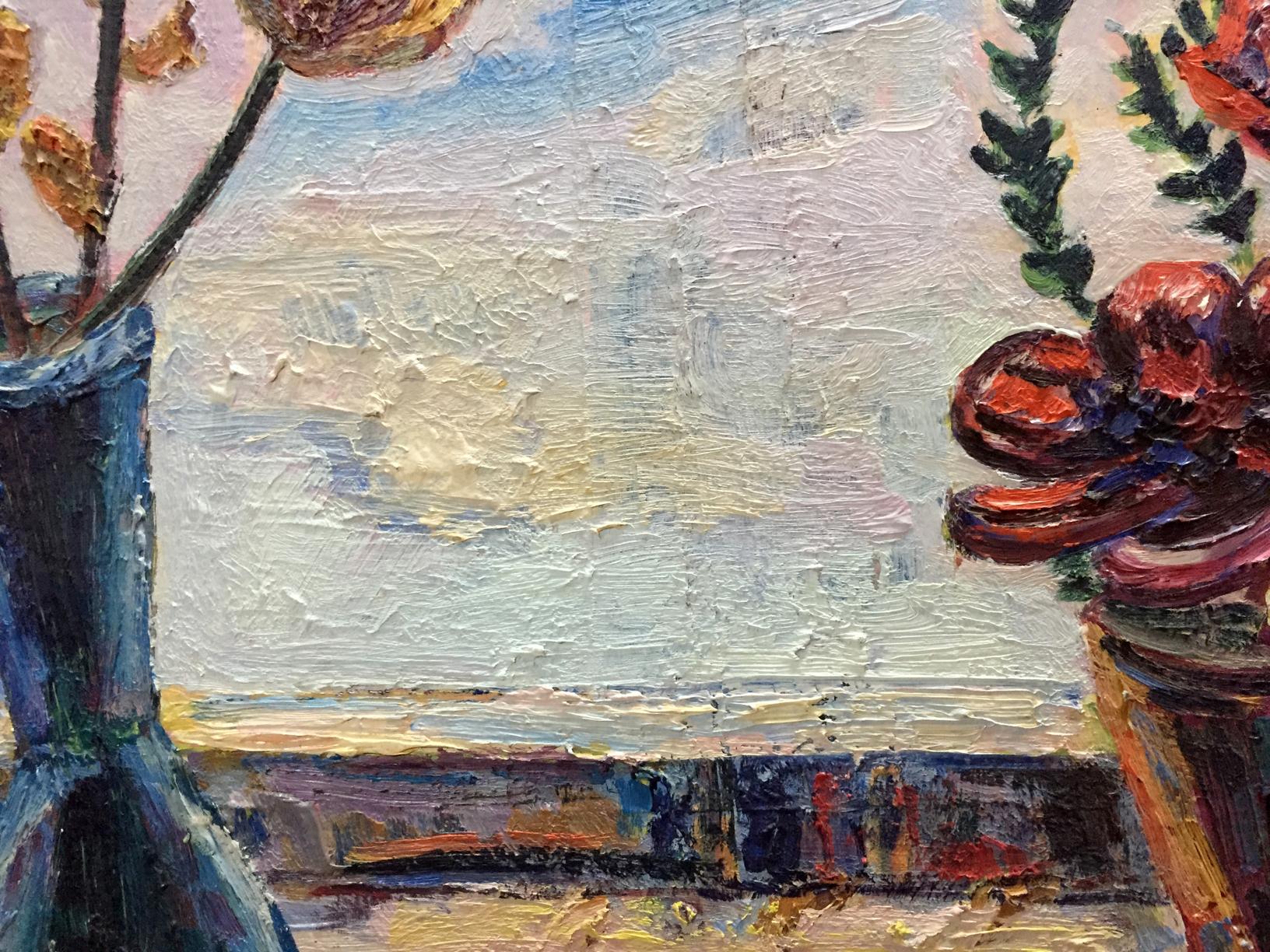 Textured blue ceramic vase with dried orange flowers in Oil Painting On the Window