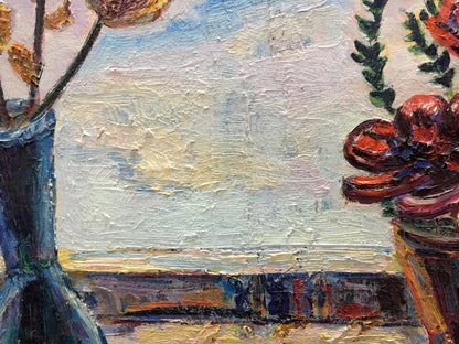 Textured blue ceramic vase with dried orange flowers in Oil Painting On the Window
