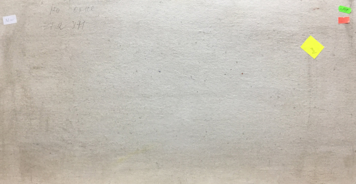Oil painting on window: beige textured wall with sticky notes and markings