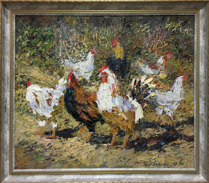 Vibrant impressionist oil painting of roosters by Savchenko Yuri Grigorievich