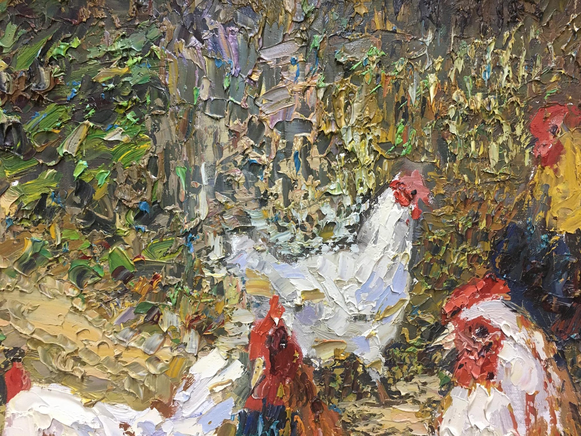 Oil painting portrait of roosters with white red feathers by Savchenko Yuri Grigorievich