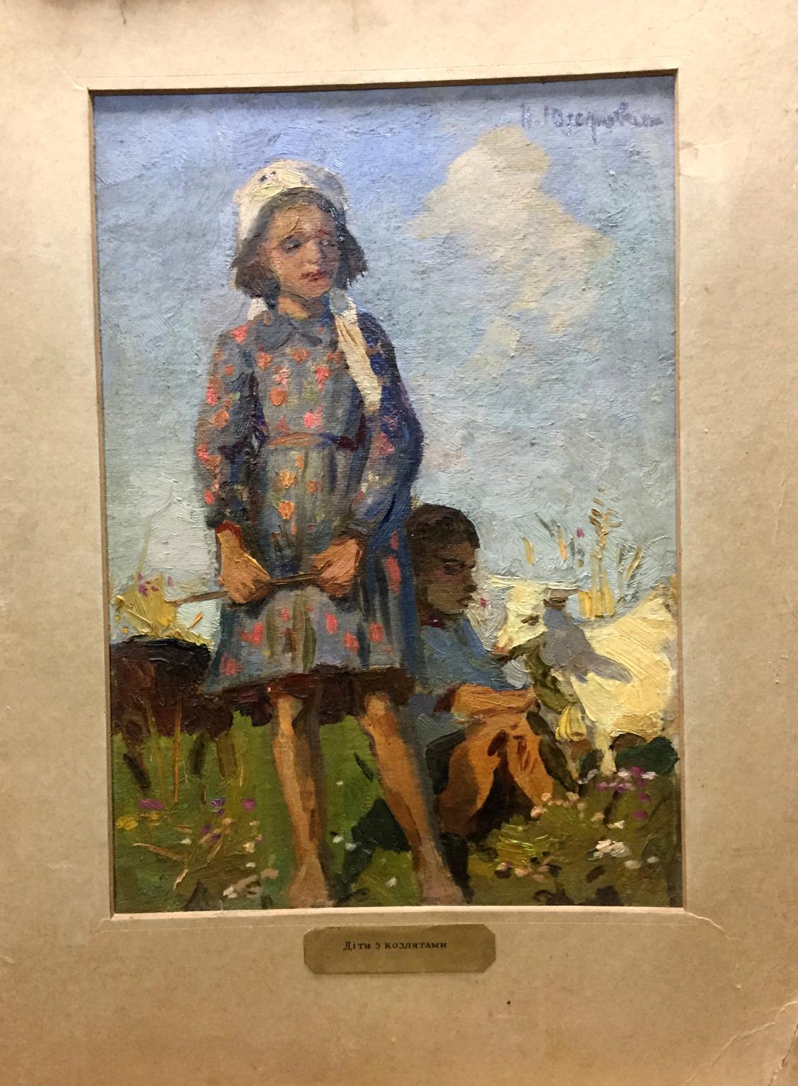 Oil painting by Yuzefovich Natalia Vladimirovna: girl in blue dress with goats