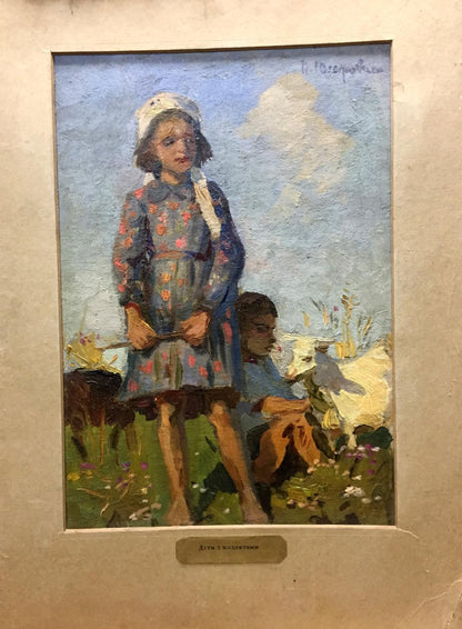 Oil painting by Yuzefovich Natalia Vladimirovna: girl in blue dress with goats