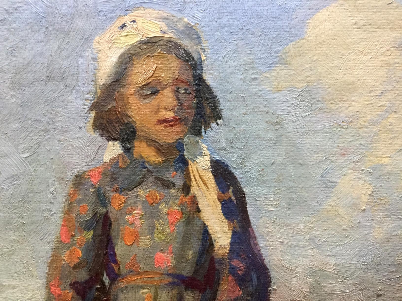 Oil painting by Yuzefovich Natalia Vladimirovna: girl in floral dress with goats
