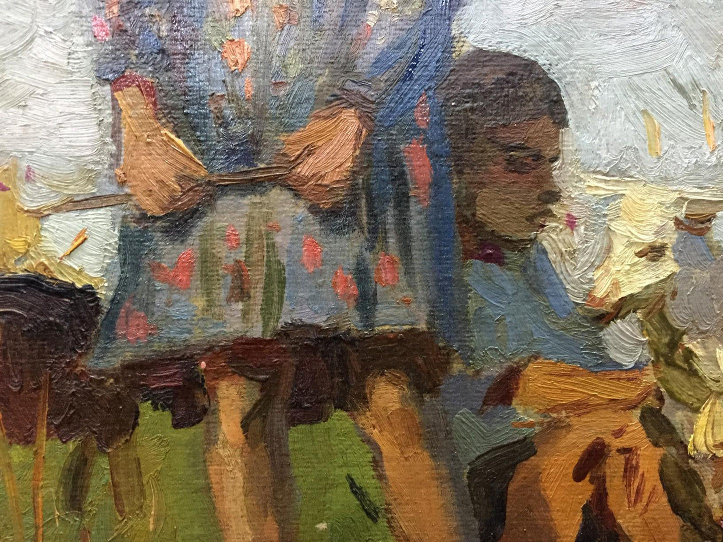 Oil painting by Yuzefovich Natalia Vladimirovna: child in blue floral dress with goats