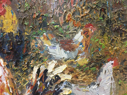 Textured impressionistic oil painting of roosters by Savchenko Yuri Grigorievich