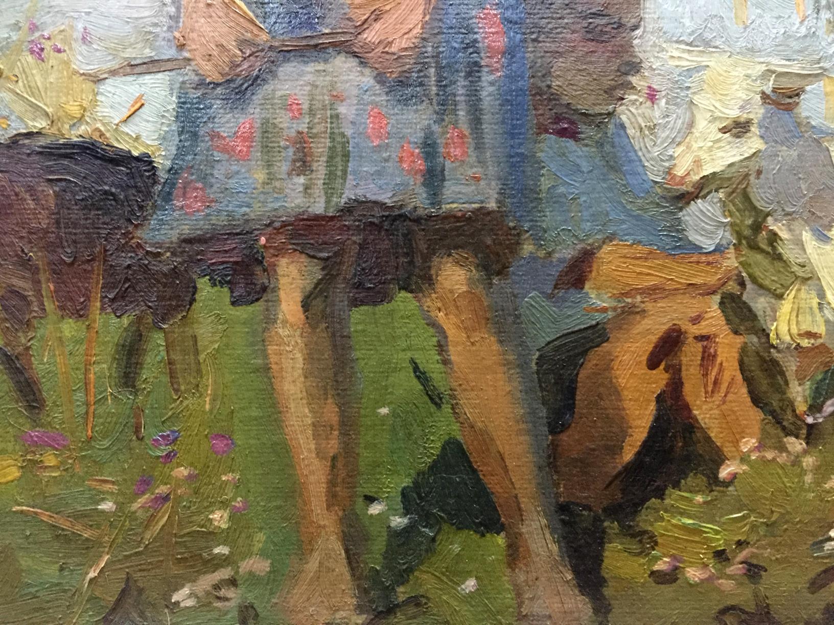 Oil painting by Yuzefovich Natalia Vladimirovna: kids with goats, blue dress pink floral impasto