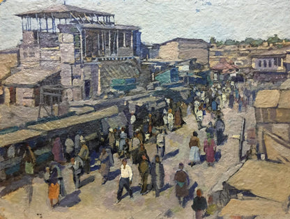 Impressionist oil painting of bustling market by Yudin Igor Dmitrievich