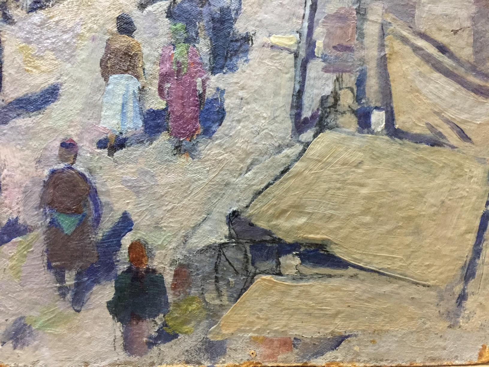Oil painting by Yudin Igor Dmitrievich: figures walking sunlit street