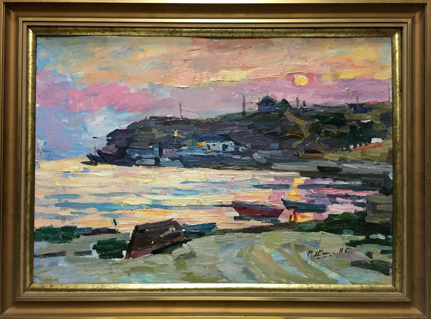 Framed impressionistic oil painting Landscape Shadrin S. coastal sunset scene
