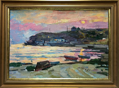 Framed impressionistic oil painting Landscape Shadrin S. coastal sunset scene