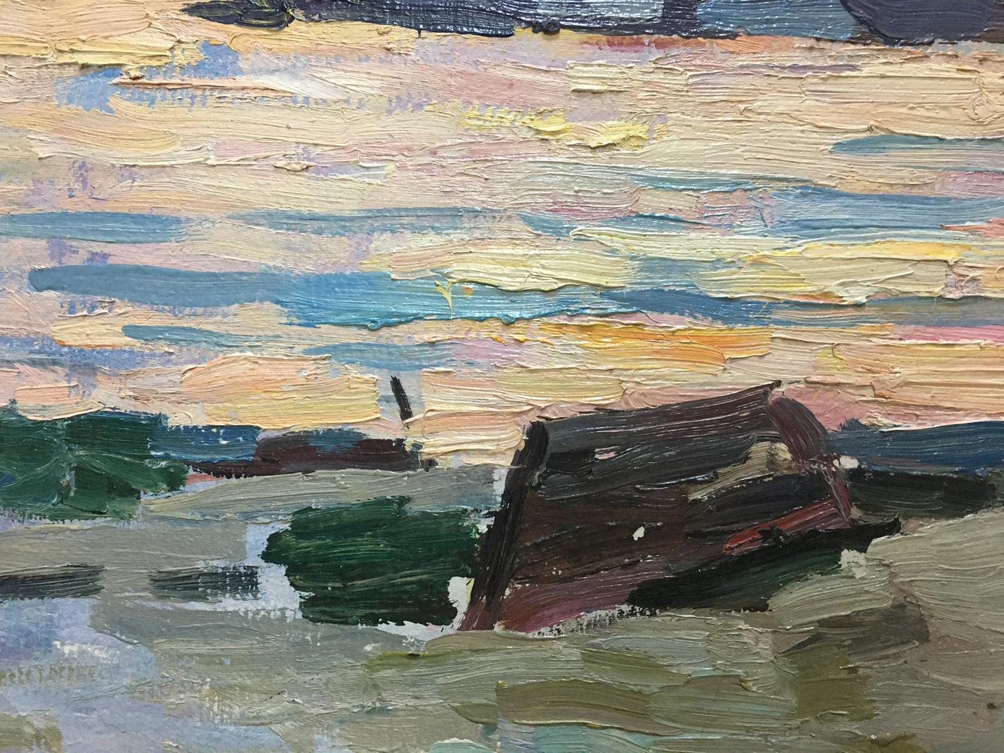 Oil painting Landscape Shadrin S. weathered boat on green water vibrant sky