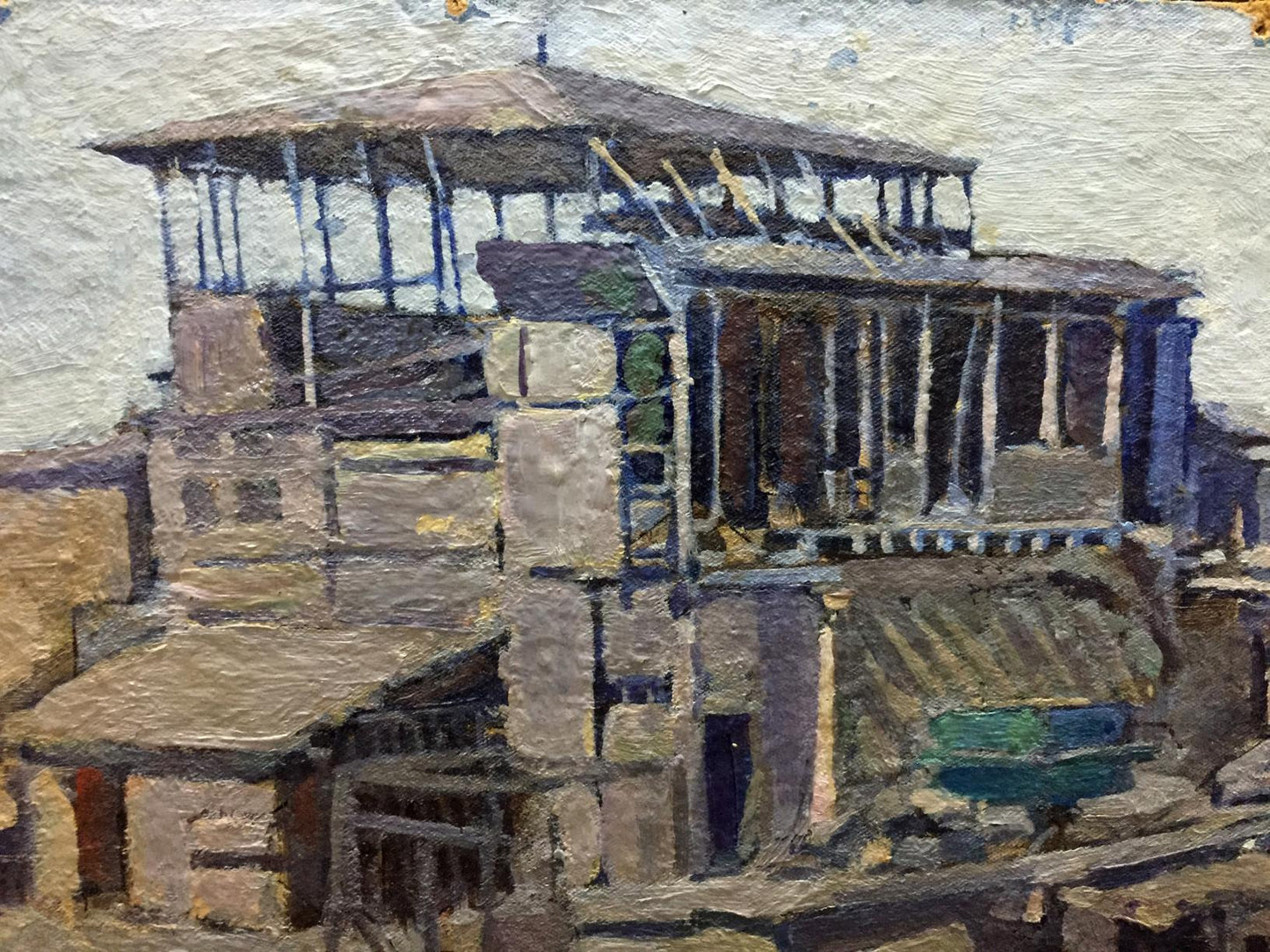 Textured oil painting by Yudin Igor Dmitrievich: multi-level wooden structure with blue beams