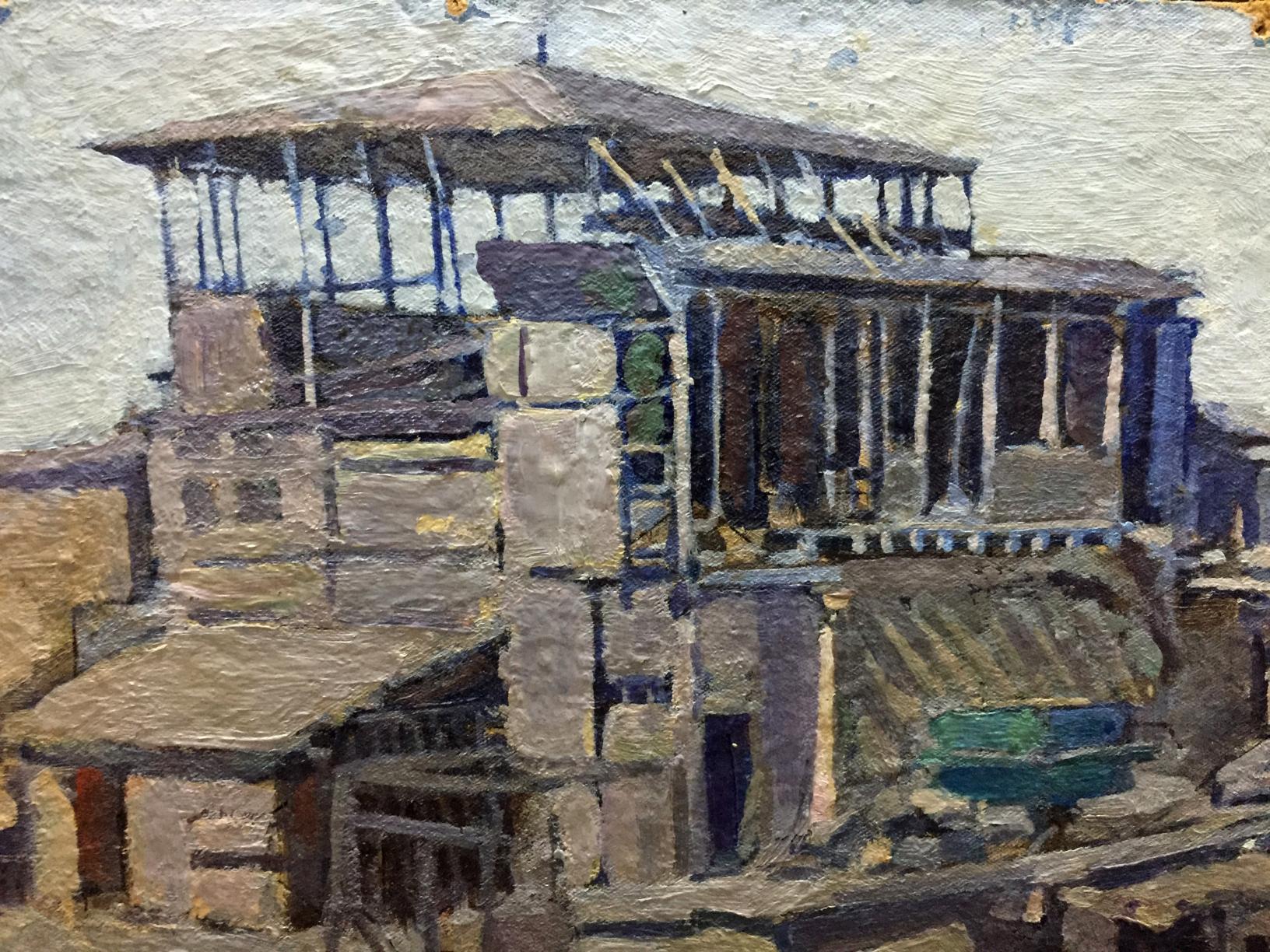 Textured oil painting by Yudin Igor Dmitrievich: multi-level wooden structure with blue beams