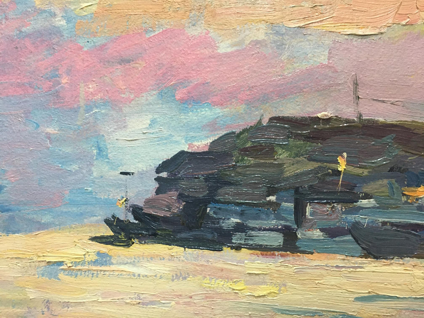 Shadrin S. oil painting of coastal boats on shore under pink-blue sky