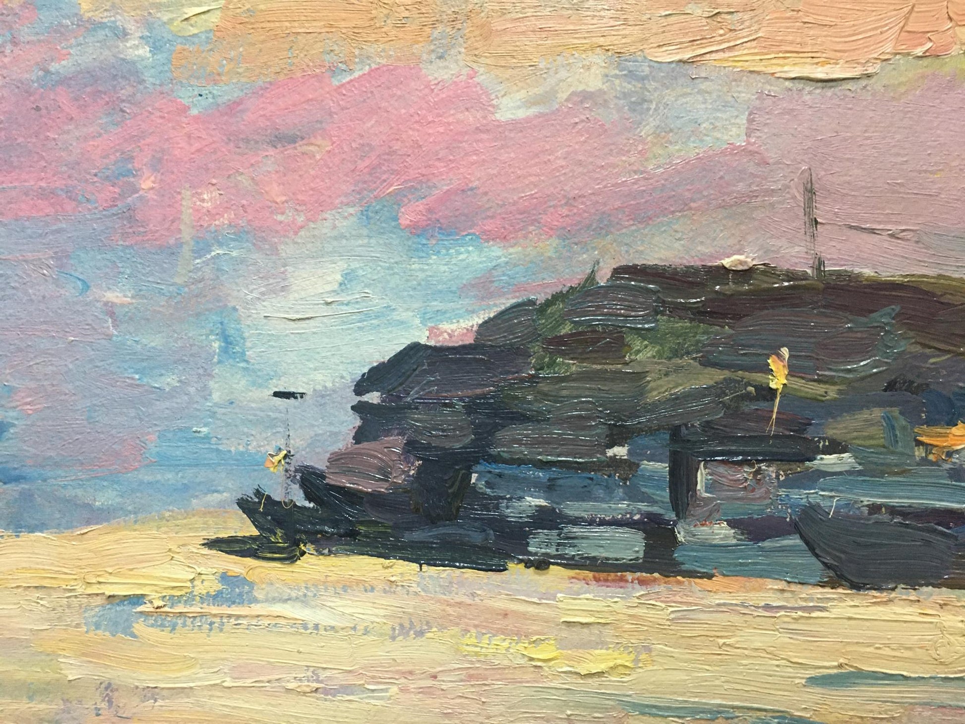 Shadrin S. oil painting of coastal boats on shore under pink-blue sky
