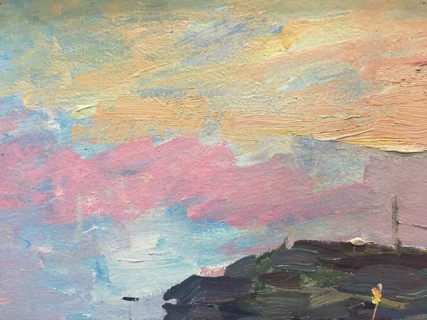 Vibrant sunset oil painting Landscape Shadrin S. with pink orange blue hues