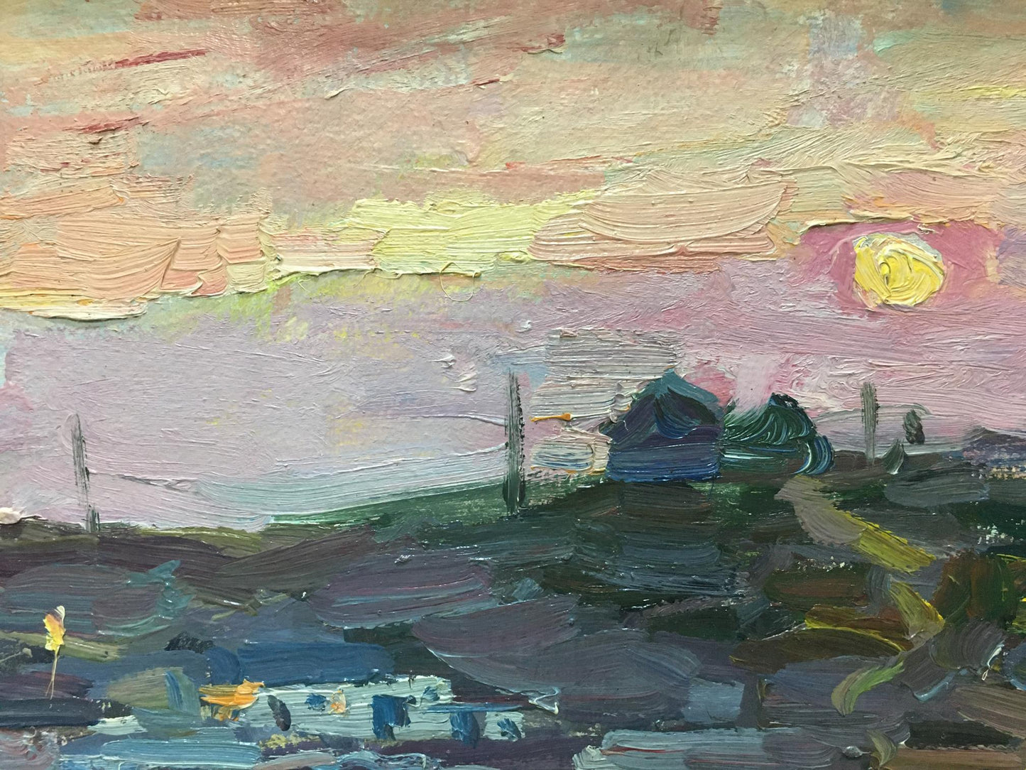 Textured oil painting by Shadrin S: sunset over water in pinks, yellows, purples