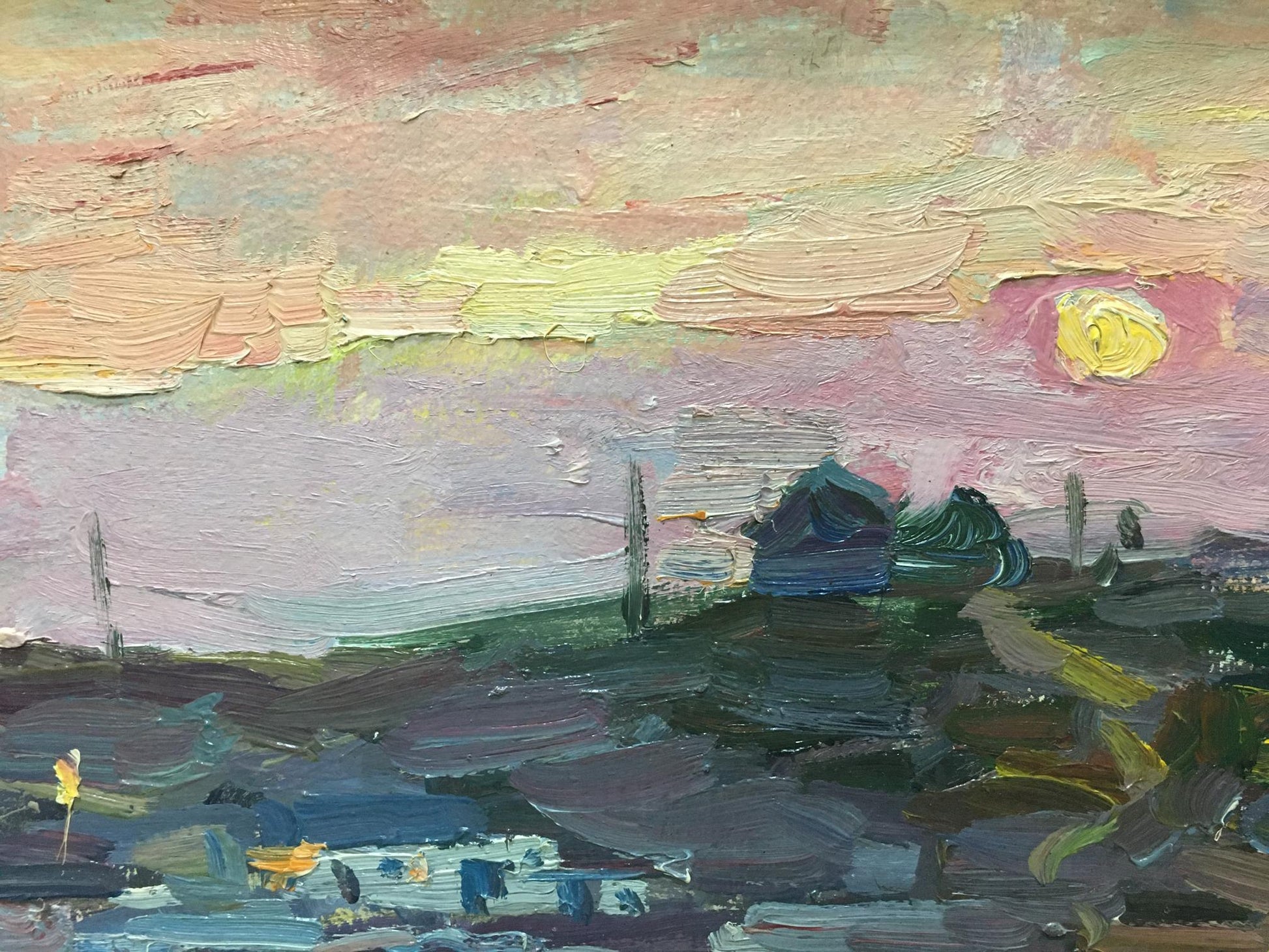 Textured oil painting by Shadrin S: sunset over water in pinks, yellows, purples