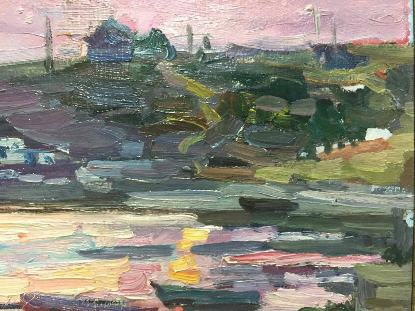 Oil painting Landscape Shadrin S. impressionist textured pink sky hills water