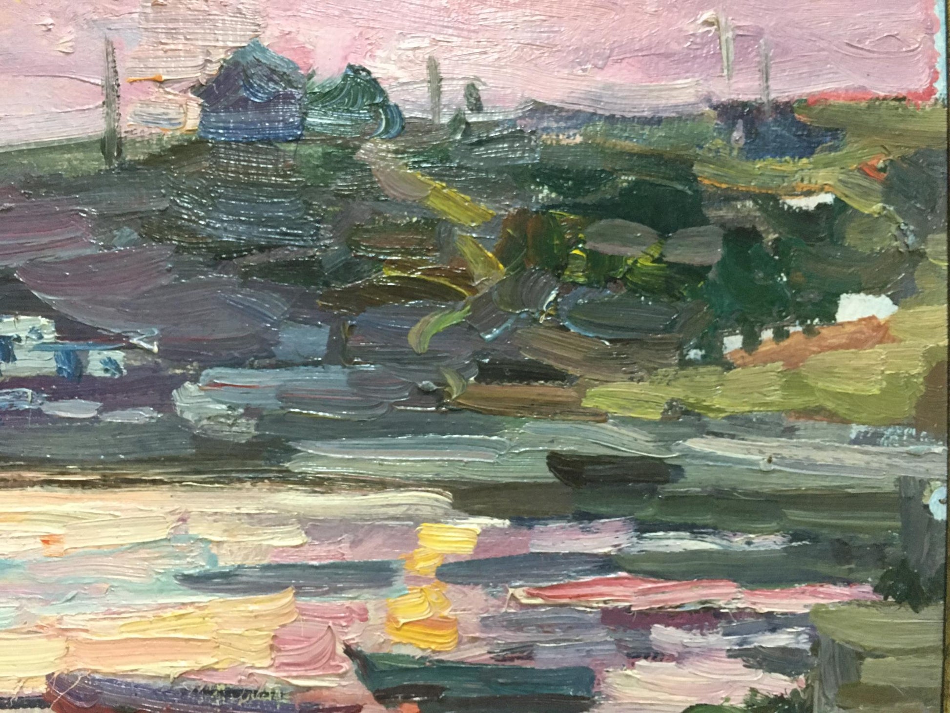 Oil painting Landscape Shadrin S. impressionist textured pink sky hills water
