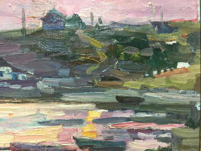 Oil painting Landscape Shadrin S. impressionist textured pink sky hills water