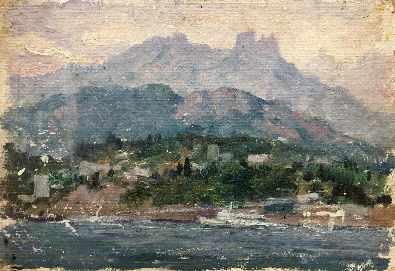 Impressionistic oil painting Isle: coastal landscape with mountains, boats
