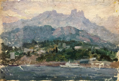 Impressionistic oil painting Isle: coastal landscape with mountains, boats