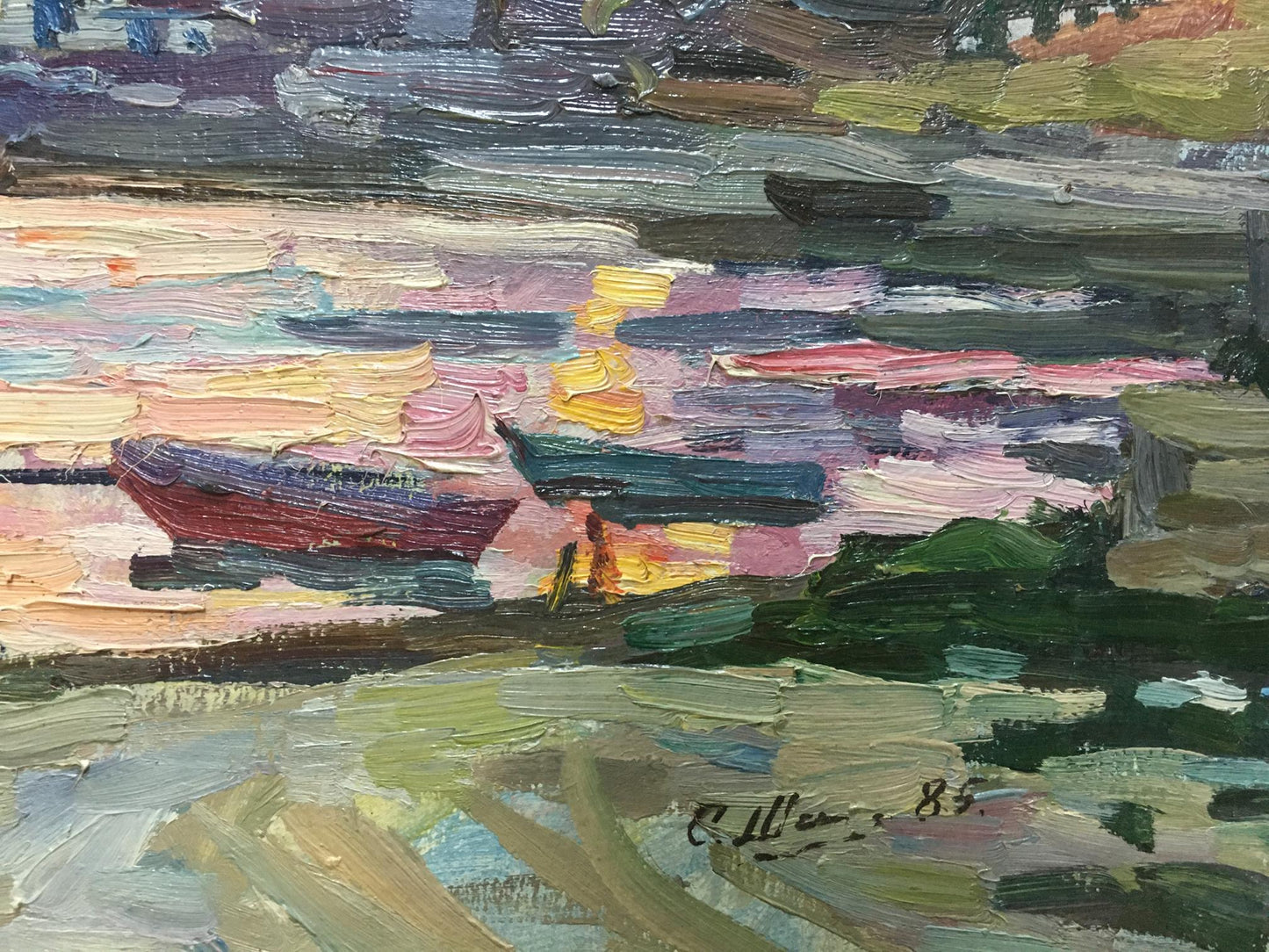 Vibrant impressionist oil painting by Shadrin S. of red boat on colorful waterway